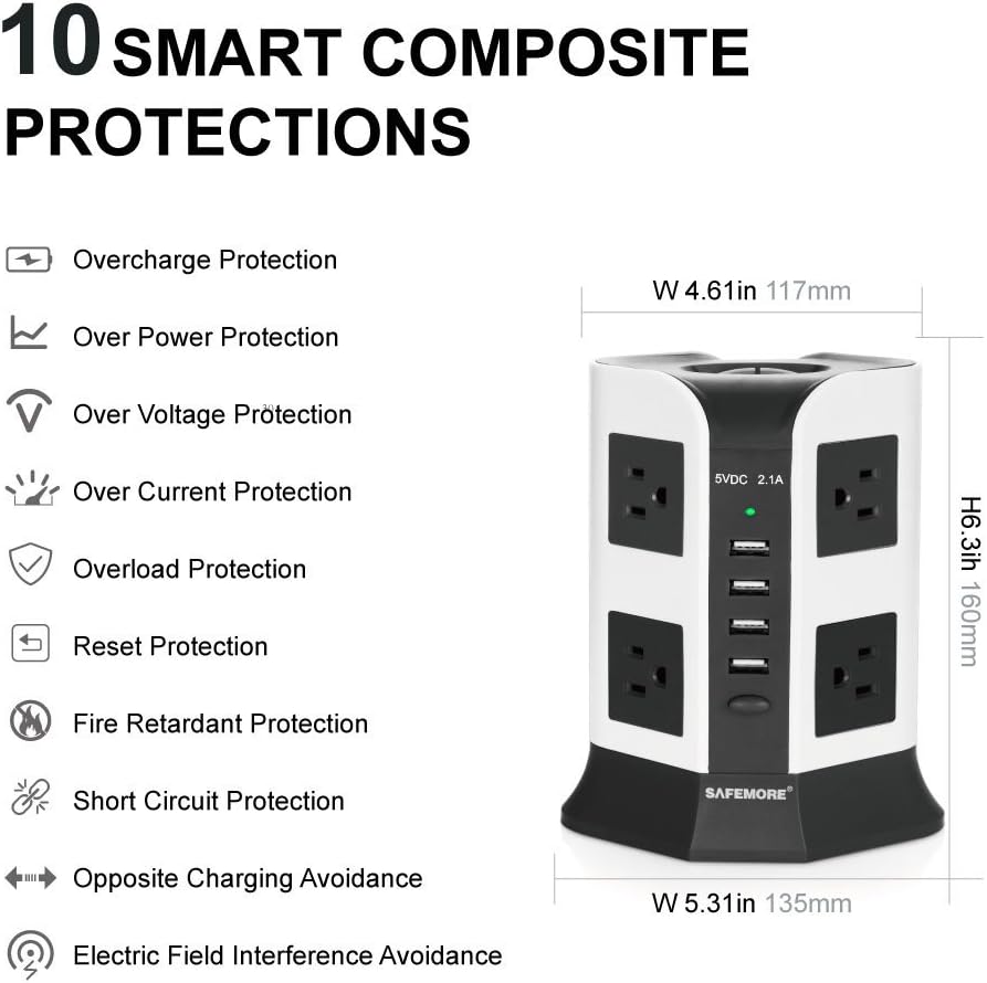 USB Surge Protector Power Strip 8 AC Plug 4 Multi USB Outlets Charging Ports Long Extension Cord 110V Safemore Vertical Socket for USB Lamps (White + Black)