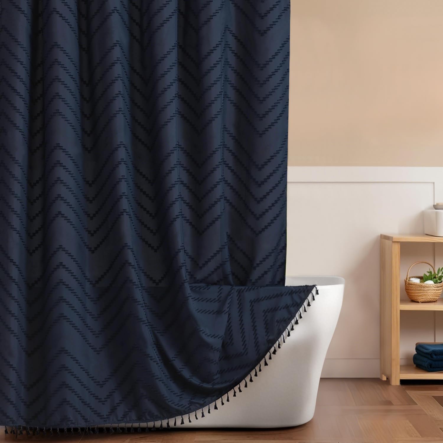 Inhousolu Home Decor Navy Blue Inhousolu Boho Woven Fabric Shower Curtain, Tufted Textured Chevron Striped Tassel, Modern Farmhouse Cloth, Waterproof Washable Curtain For Bathroom Hotel (, W 72" X L 72" (1 Panels))