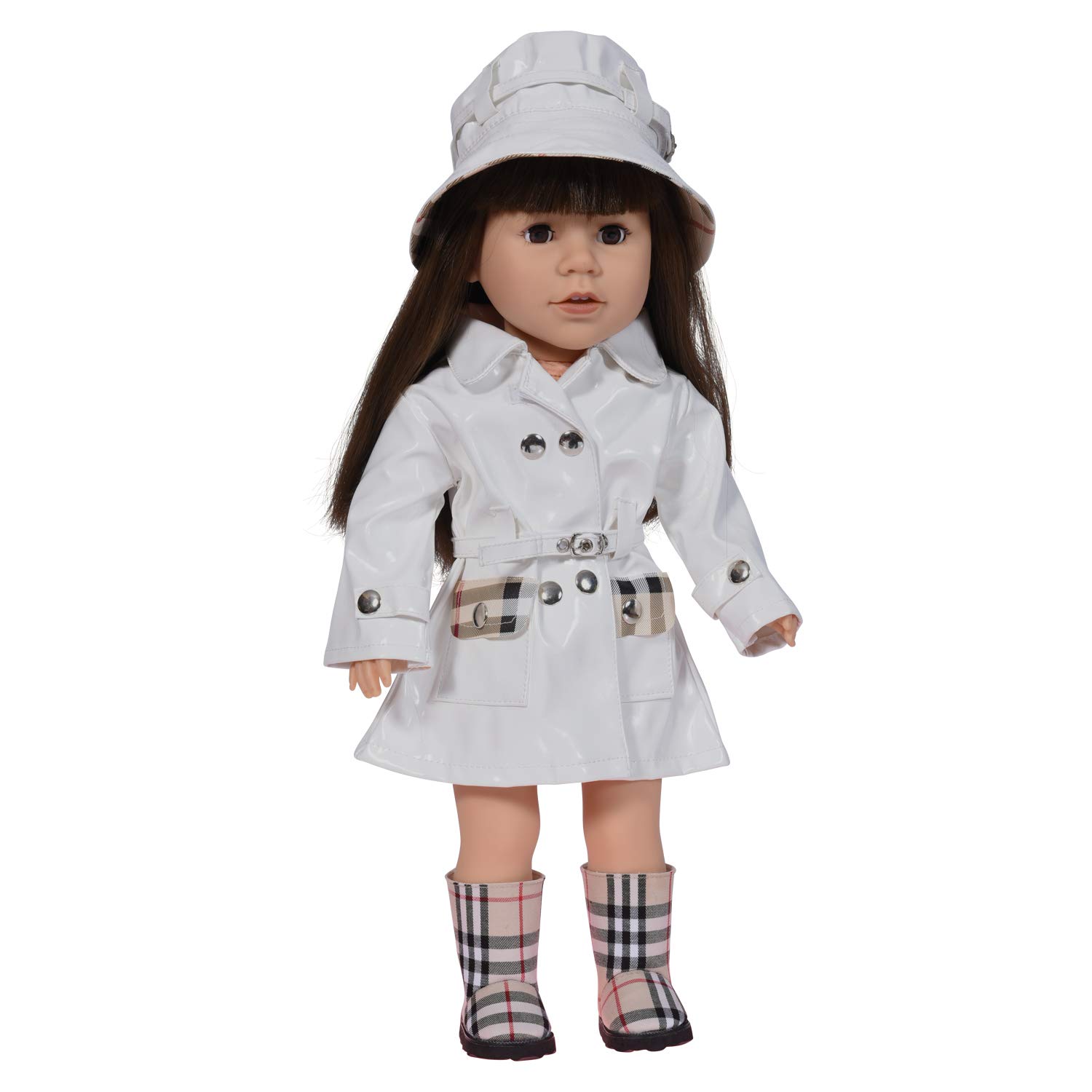 The New York Doll Collection - Doll Rainwear Set - Includes Dolls (White) Raincoat with Boots and Doll Hat – Doll Coat For Fashion Girl Dolls - Fits All 18 Inch/46cm Dolls - Doll Accessories