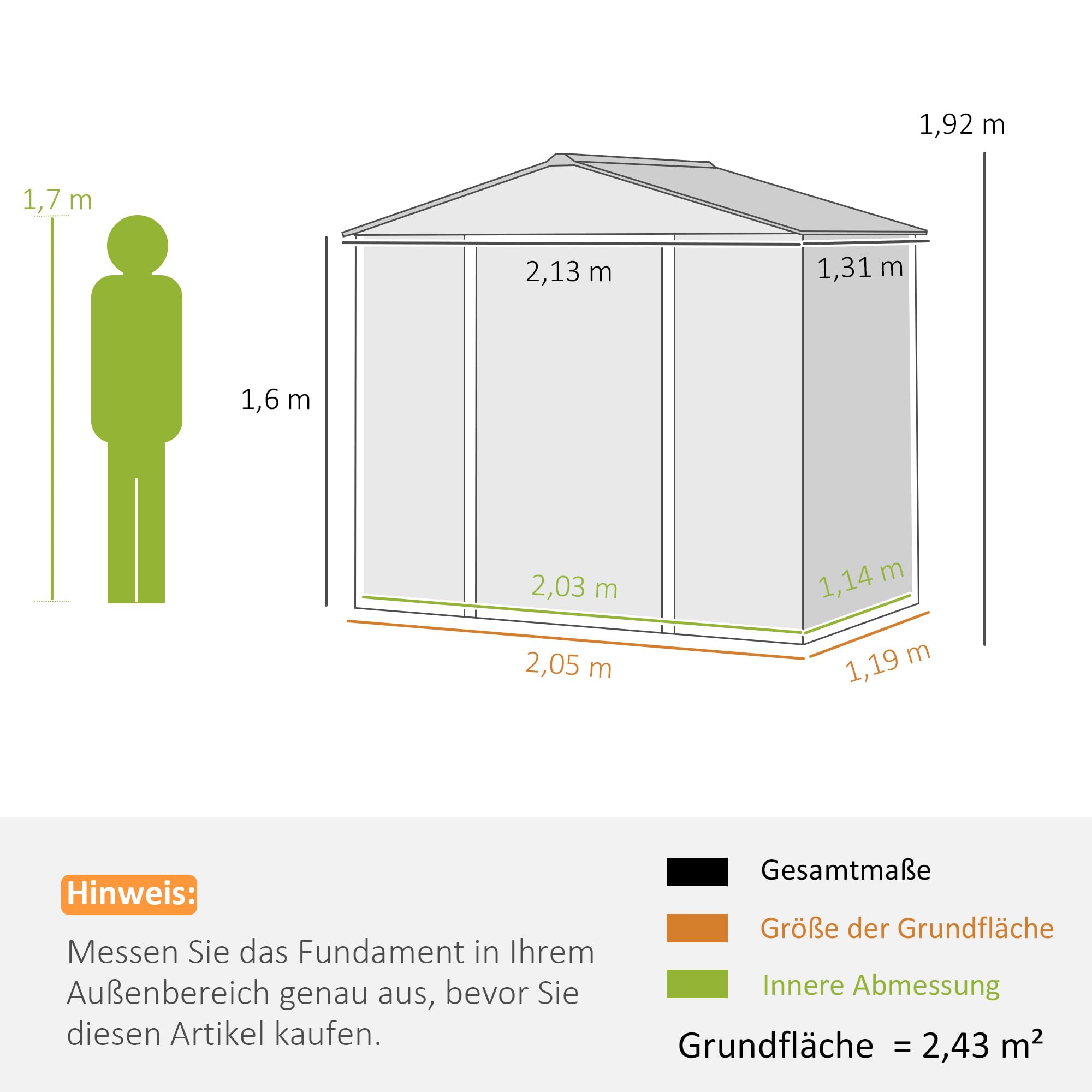 Outsunny Verzinkter Stahl Gerätehaus 2,43㎡ 213x131x192cm Geräteschuppen mit Satteldach, Schiebetür, wetterfest Gartenhaus Grau