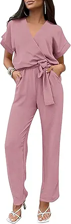 PRETTYGARDEN Women's Summer One Piece Jumpsuits Belted Short Sleeve Wrap V Neck Fashion Dressy Casual Wide Leg Pants Romper