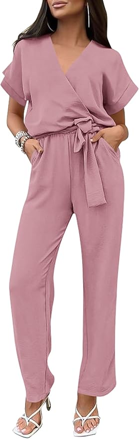 PRETTYGARDEN Women's Summer One Piece Jumpsuits Belted Short Sleeve Wrap V Neck Fashion Dressy Casual Wide Leg Pants Romper