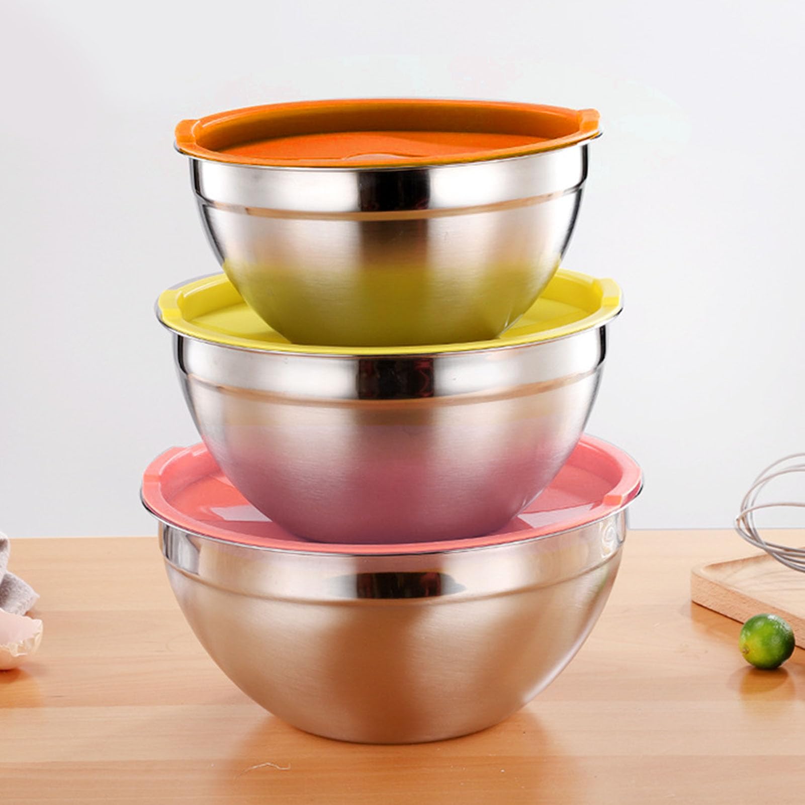 5 Stück Rührschüsseln mit Deckel für die Küche, Edelstahl, bunt, ineinander steckbare Rührschüsseln zum Backen, Vorbereiten, Kochen, Servieren, rutschfeste Silikonböden