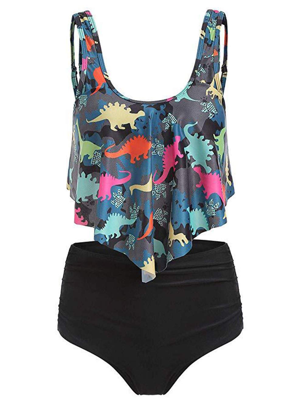 JMSUN Women Twist Cutout Dinosaur Print Tankini Swimsuit, Multi, XXL
