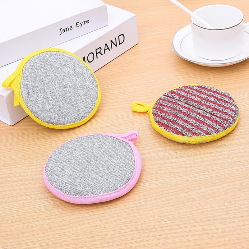 Image of Healifty Double-Sided Round Kitchen Cleaning Sponge Pads 4.72 Inch Durable Dishwashing Scouring Pads for Household Surface Pot and Dish Cleaning - 5 Pack