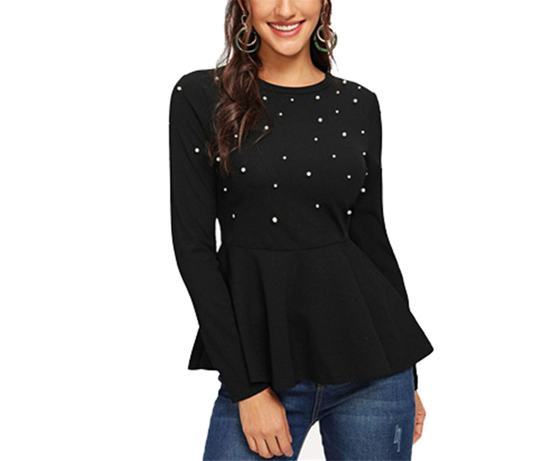 GoFly Shirts Pearls Beaded Solid Peplum Top Round Neck Long Sleeve Flared Blouses Women Plain Minimalist Blouse