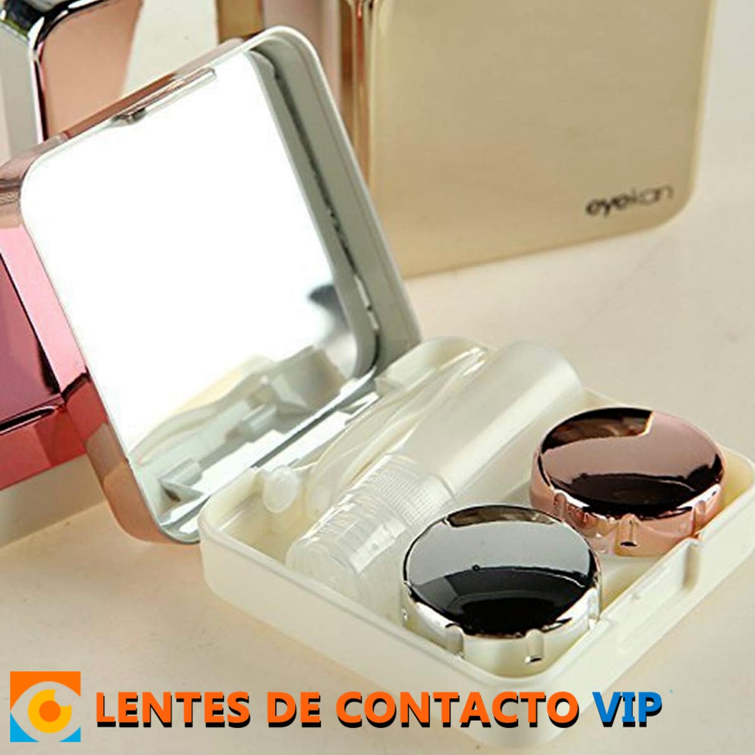 Estuche para Lentes de Contacto Color Brillante Set de Viaje con Espejo, portalentillas, Pinza, aplicador y Mini Botella portalíquido (Plateado)