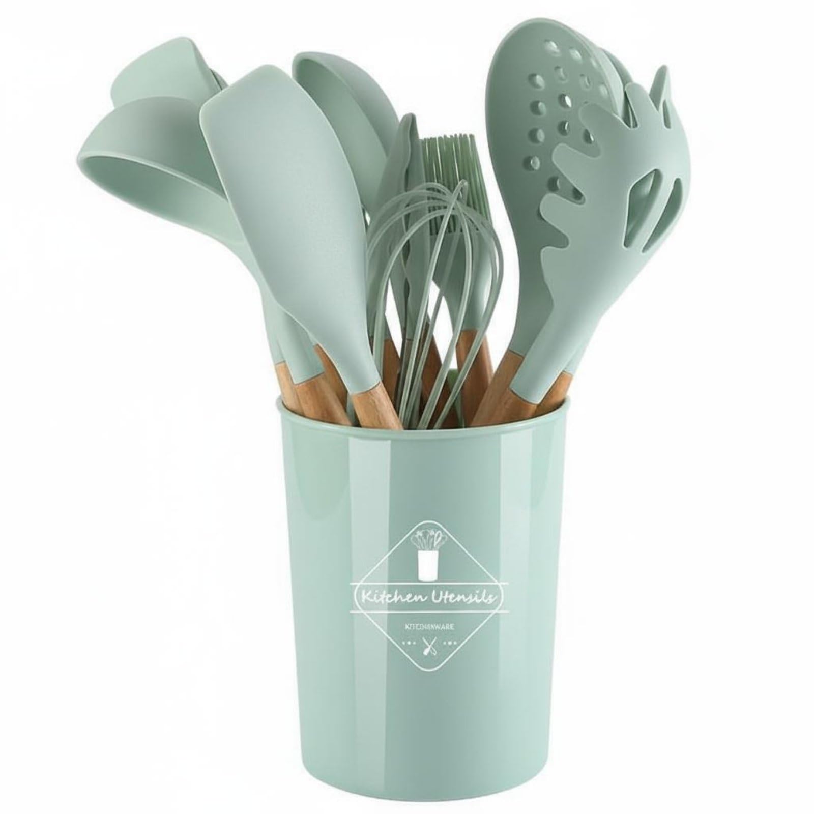 kowaku Ustensiles de Cuisine en Silicone Ustensiles Spatules Fouet Louche avec Seau de Rangement Manche en Bois Isolant Résistant à 230 Cm Silicone, Light Green