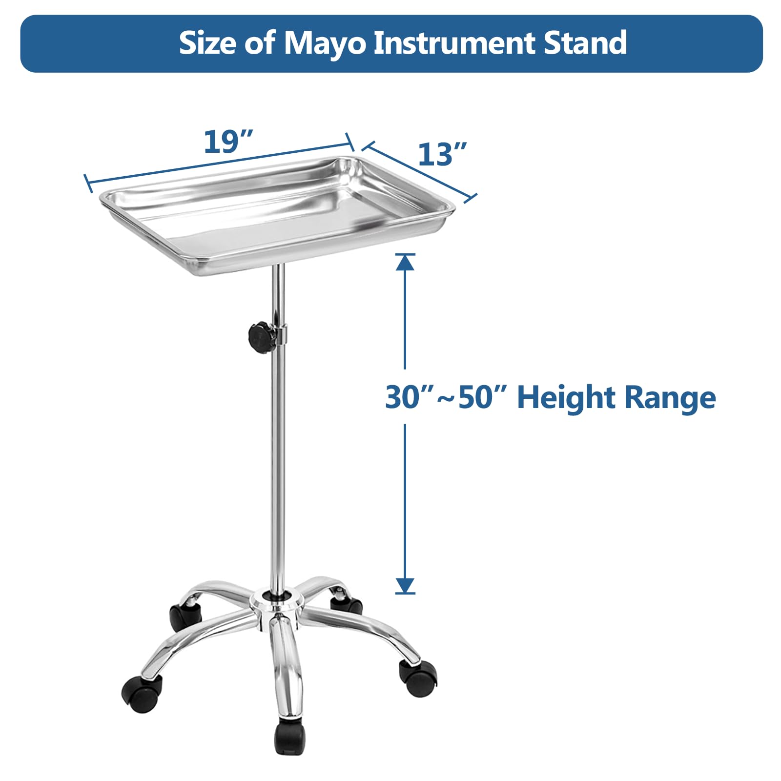 Suporte de instrumentos Mayo, Mesa rodante móvil para suministros de clínicas dentales, veterinarias y de mascotas - Altura ajustable 35 "-51" Carrito de utilidades (C)