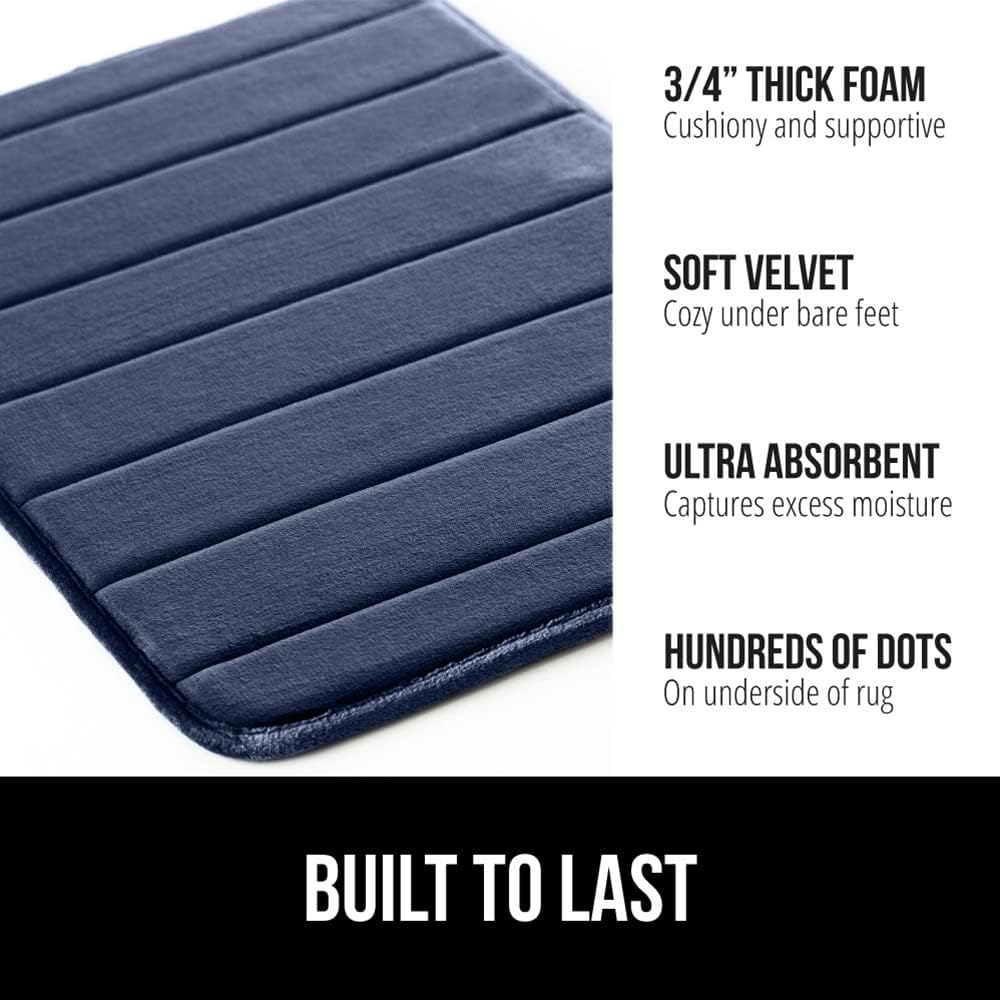 GORILLA GRIP Chenille and Memory Foam Bath Rug, Size 30x20 in, Shaggy Machine Washable Mats, Memory Foam Bath Rug Size 30x20 in, Absorbent Decorative Mats, Both in Navy, 2 Item Bundle