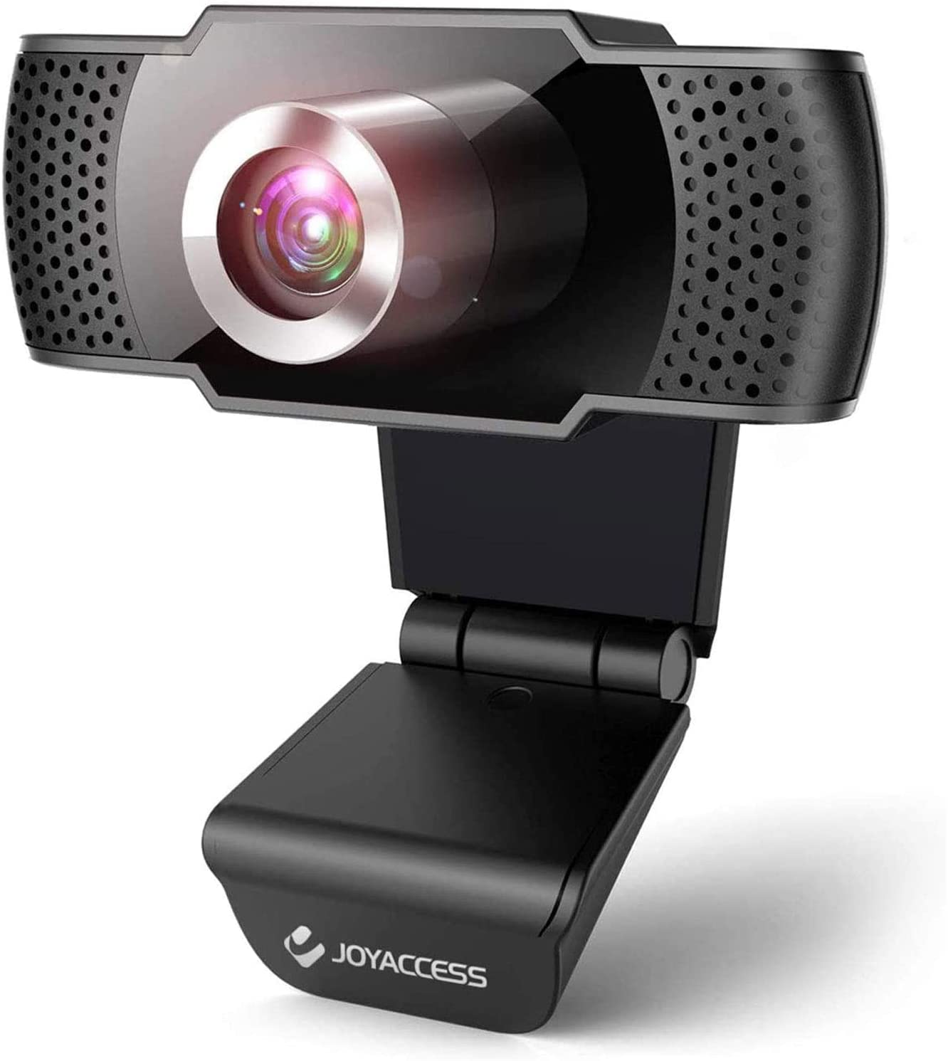 A hand adjusting the lens of the webcam for manual focus, with icons indicating picture high resolution, automatic white balance, automatic color compensation, and manual focus.
