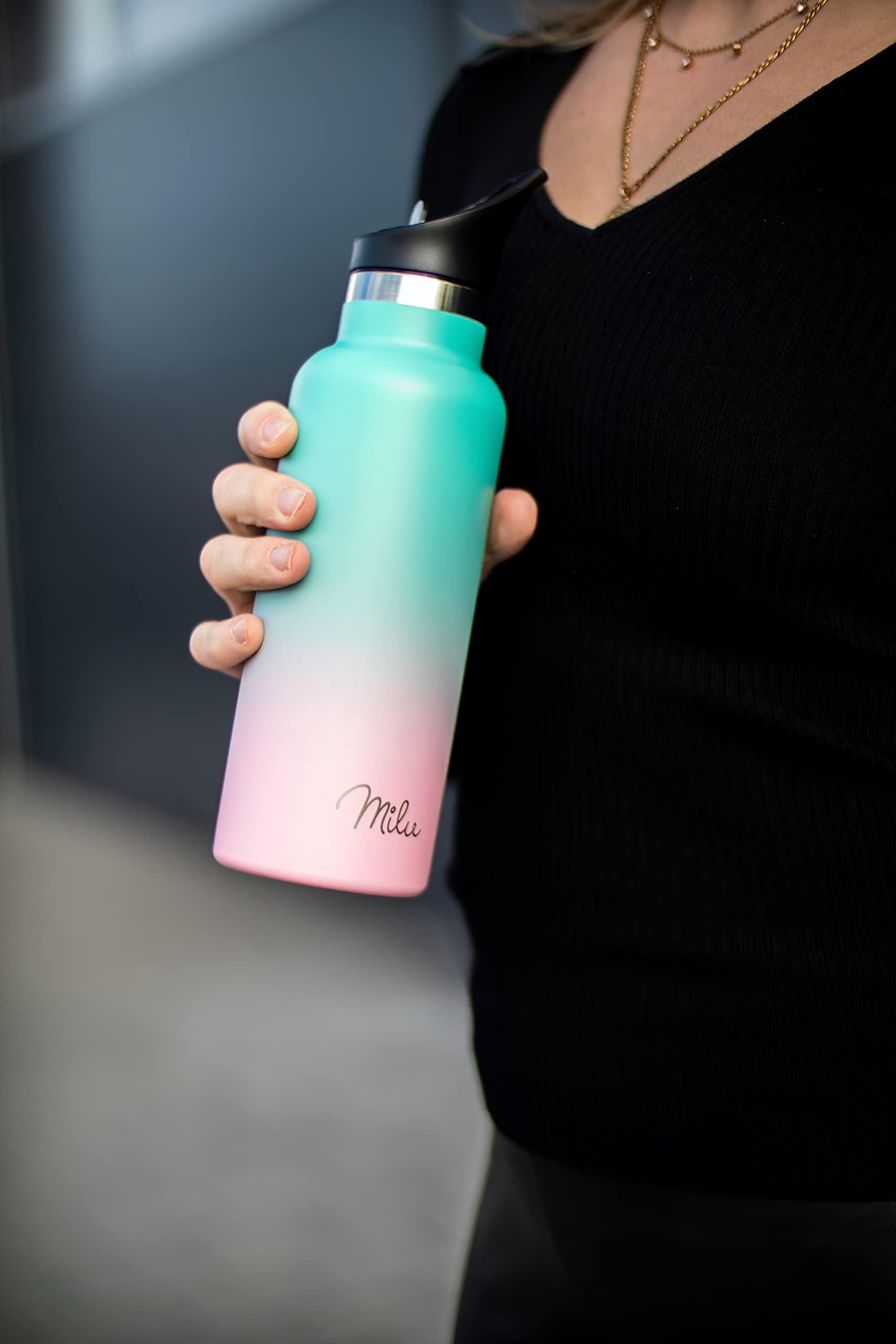 Milu Stainless Steel Drinking Bottle 350ml, 500ml, 750ml, 1l (+3 Lids), Thermo Bottle with Straw, Water Bottle - Image 4