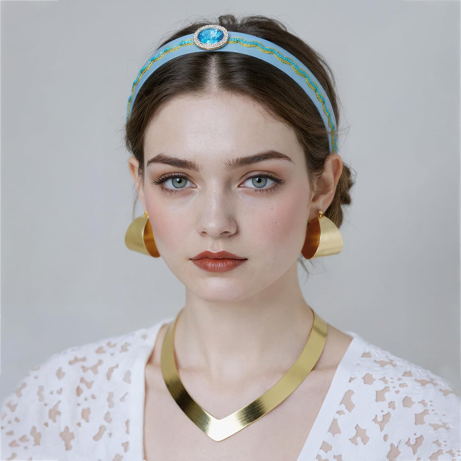 KURTCB Arabian Princess Costume Accesories,1 Headband 1 Gold Chunky Choker Necklace 2 Statement Earrings,Halloween Arab Princess Cosplay Jewelry Set for Women Jasmine - Image 5