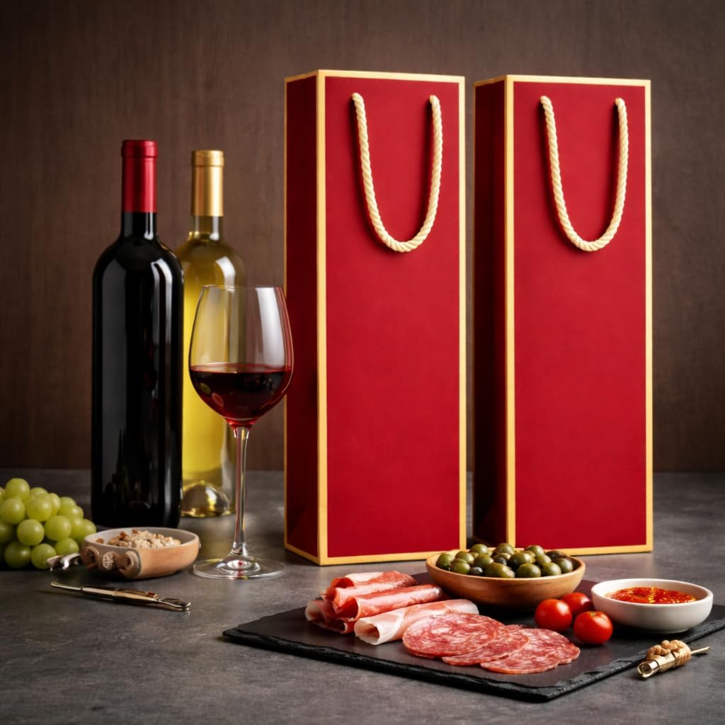excvalues 50 Pack Wine Gift Bag for Bottles with Handles, 4.3 x 3.7 x 14 inch Heavy Duty Paper Wine Bag Bottle Bags for Gifts Travel & Retail Shipping Elegant Wine Bags Bulk (Red)