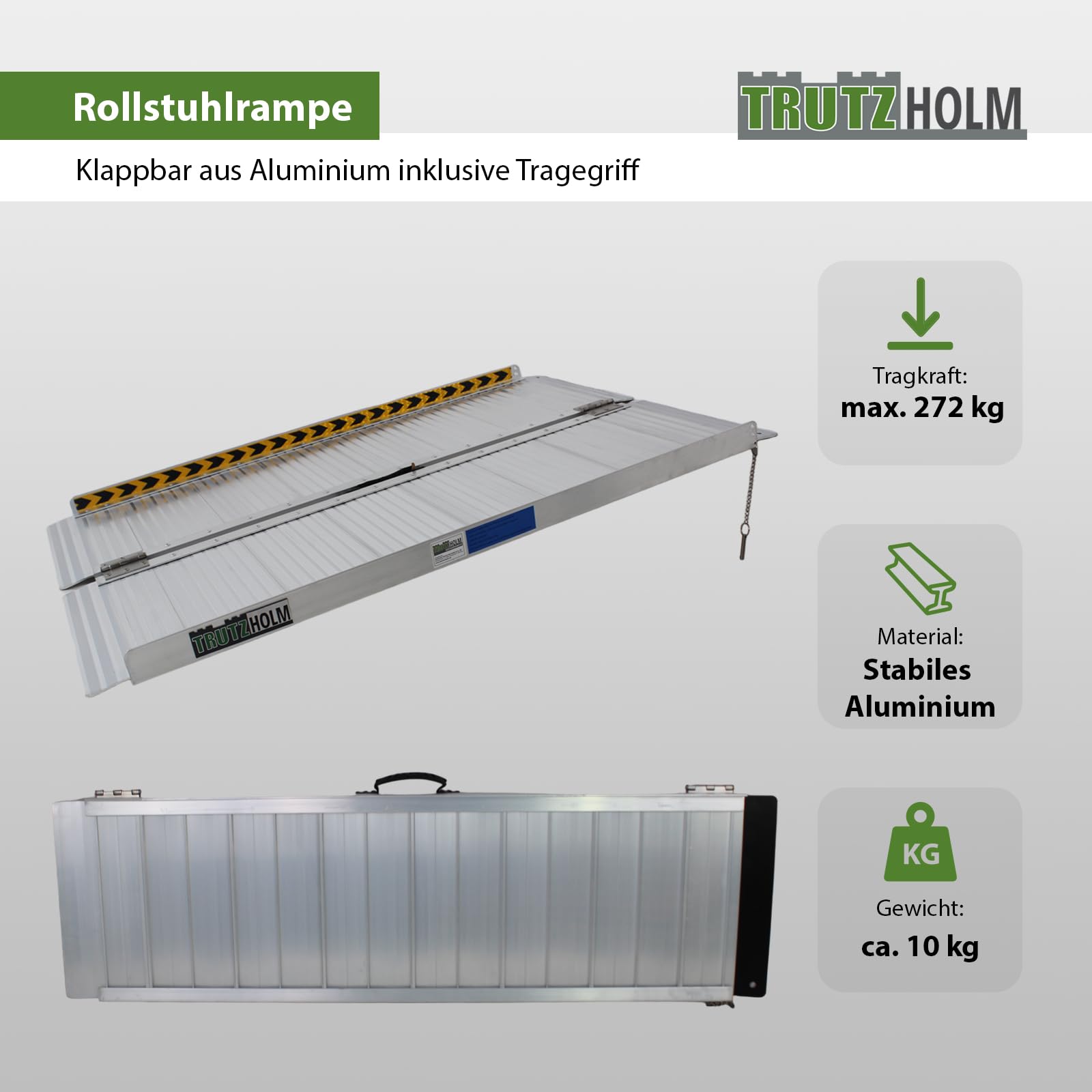 TRUTZHOLM Rollstuhlrampe klappbar 122 cm Traglast 272 kg rutschfeste Aluminium Rampe mit Rillenprofil Mobile Auffahrrampe Kofferrampe mit Tragegriff Schwellenrampe für Rollstuhl Rollator Scooter