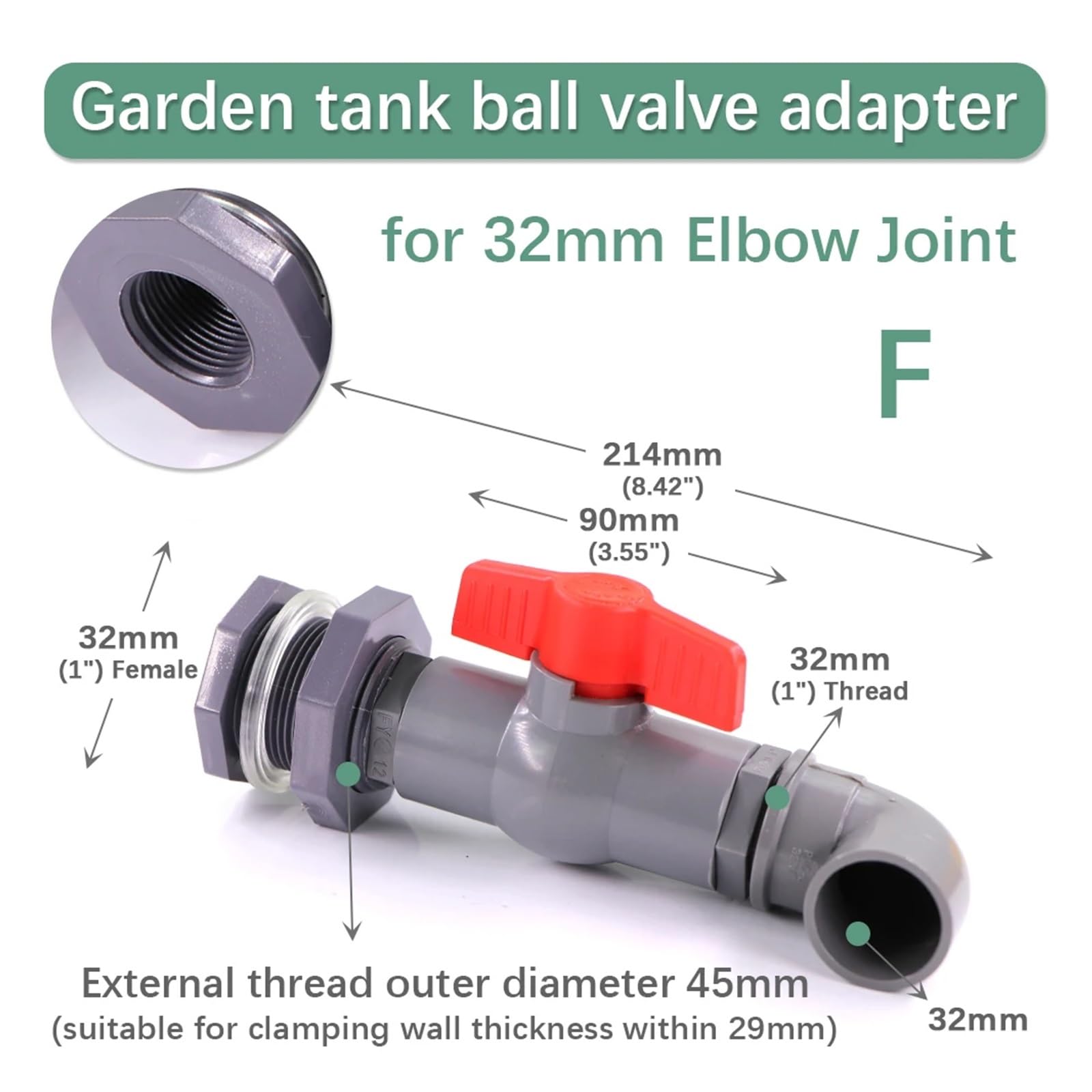 1/2 "3/4" 1 "zawór kulowy z PVC Adapter do zbiornika wody na wodę nawadnianie ogrodu akwarium rurociąg wlot złącze spustowe podłącz naprawa(For 32mm Elbow,1PCS)