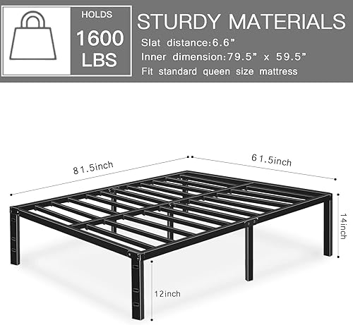 Miniatura 3 de Marco de cama de metal color negro, tamaño queen, no necesita box, plataforma de 14 pulgadas, marco de cama resistente con almacenamiento, BQ