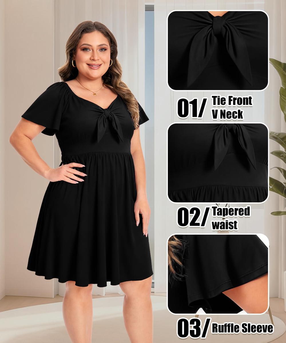Plus Size Dress for Cuvry Women Midi Dresses Short Sleeve Sweetheart Neck Knot Front Summer Wedding Guest XL-4XL - Image 5