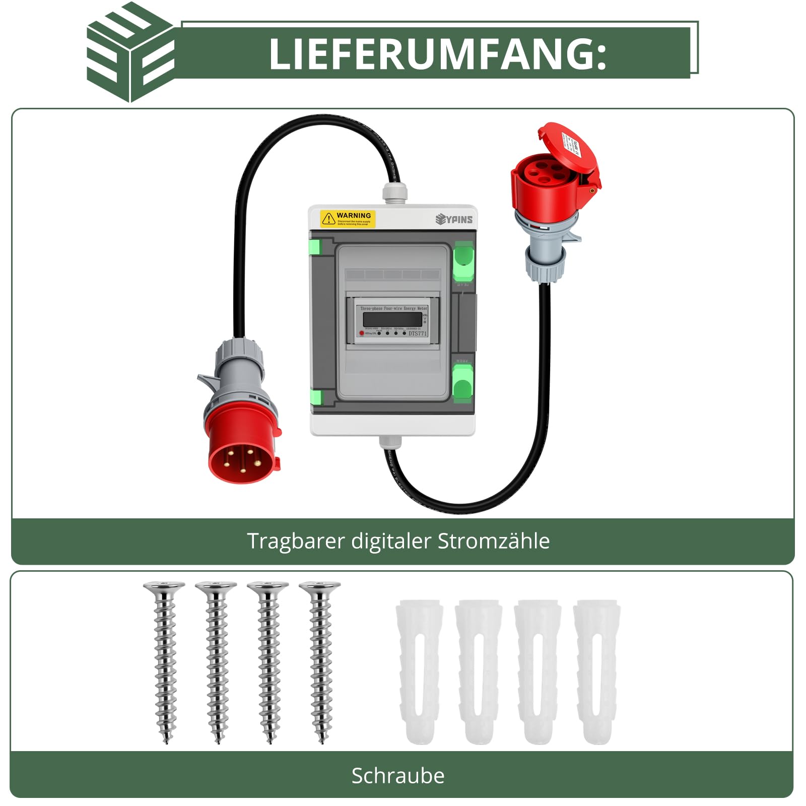 EYPINS Digitaler Stromzähler CEE Steckdose 16A 400V, IP55 Drehstromzähler mit Reset-Funktion, Energiekostenmessgerät mit 16A CEE Stecker & Kupplung für Caravan, Elektroauto