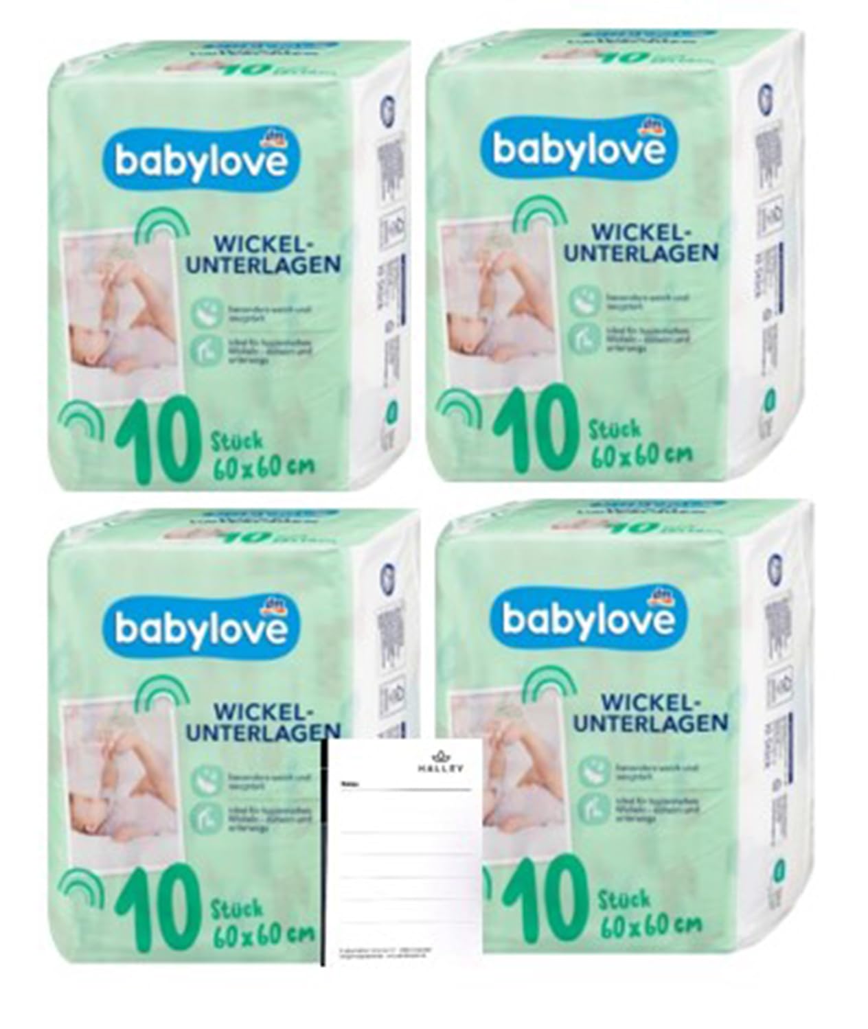 Babylove Wickelunterlagen Sparset 4 x 10 Stück + Halley Bedding Notizblock Set