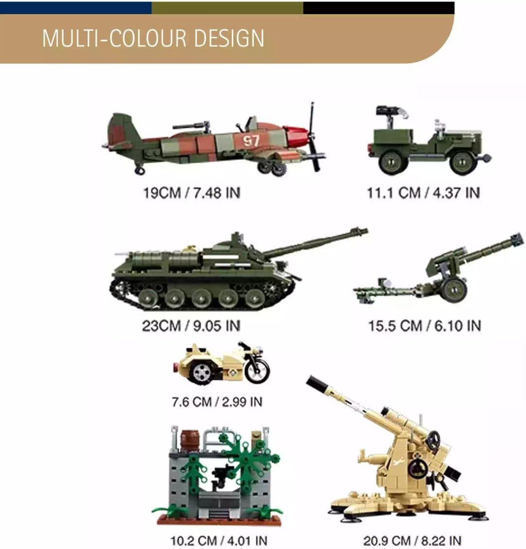 Image showing dimensions of various assembled Sluban military models, labeled 'MULTI-COLOUR DESIGN'.