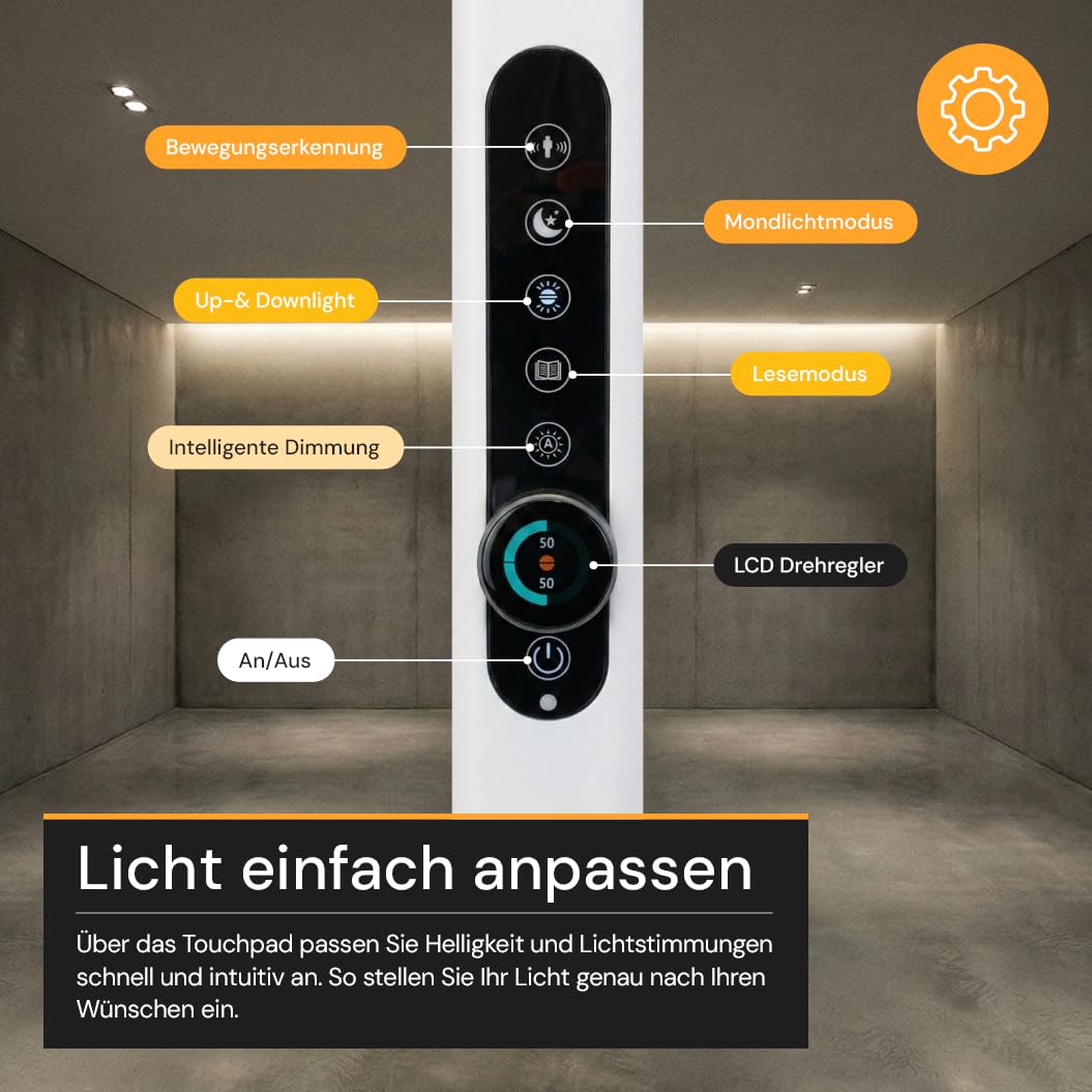 Büro Stehleuchte LED Up/Down mit Licht- & Bewegungssensor - Stehlampe in Weiß dimmbar - Deckenfluter Büro 150W 11000lm, 4000K Neutralweiß, UGR<16 blendarm, CRI 98, Touch LCD-Drehregler