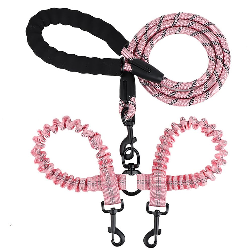 Double Dog Leash for Two Dogs, Reflective Shock Absorbing Bungee Dual Dog Leashes Lead 360° Swivel No Tangle for Small Medium Large Dogs Walking Training (Pink)