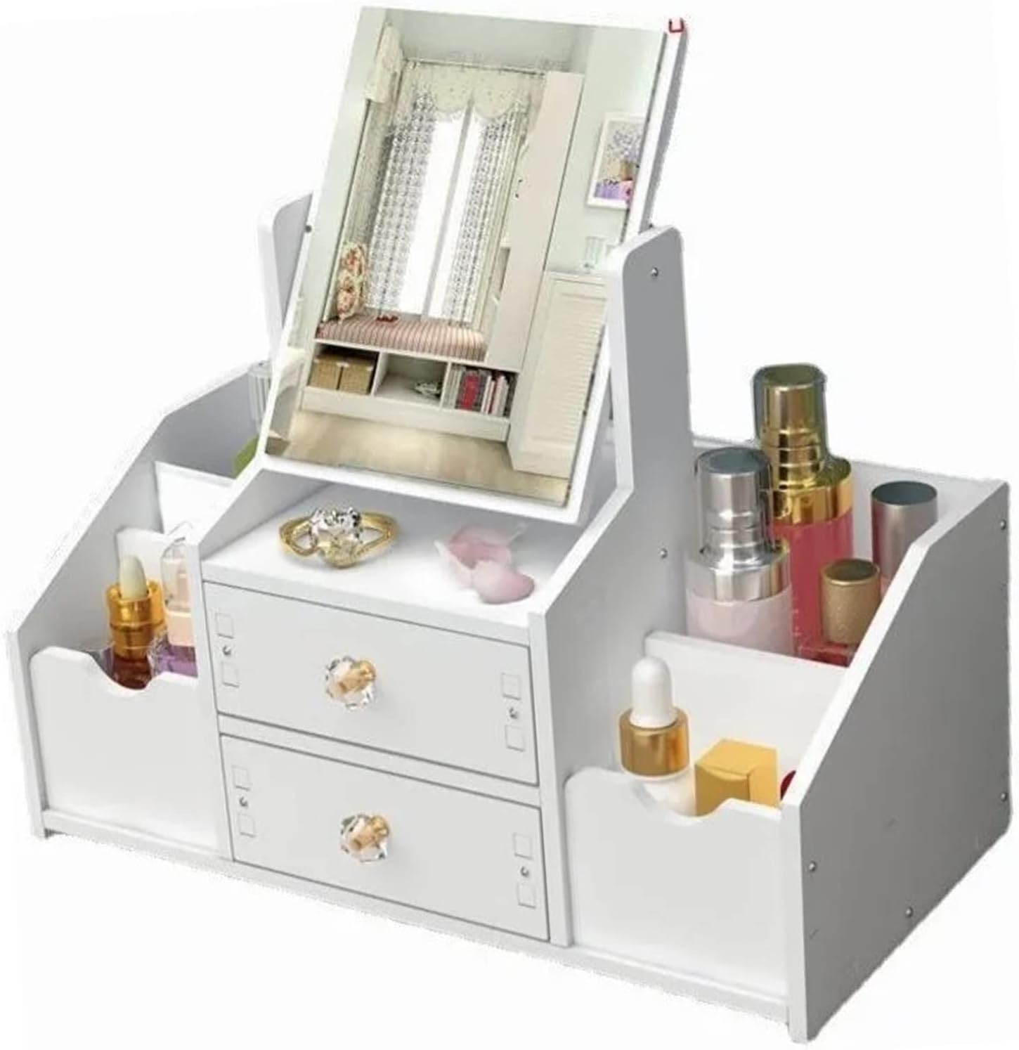 Cyrank Drawer Makeup Organizer for Vanity, Large Capacity Cosmetic Makeup Drawer Organizer White Cosmetic Storage Drawer Desktop Makeup Container with Mirror