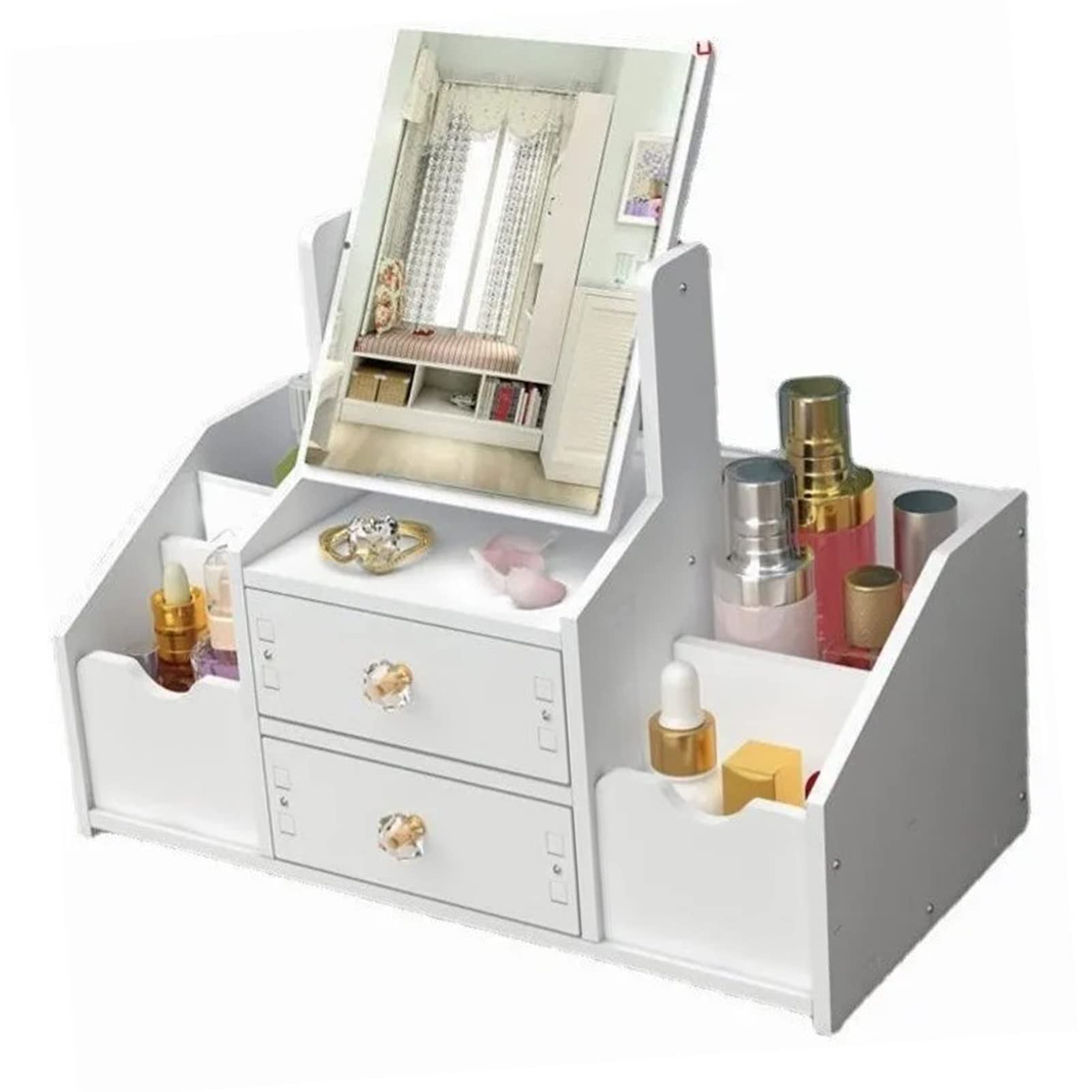Drawer Makeup Organizer for Vanity, Large Capacity Cosmetic Makeup Drawer Organizer White Cosmetic Storage Drawer Desktop Makeup Container with Mirror