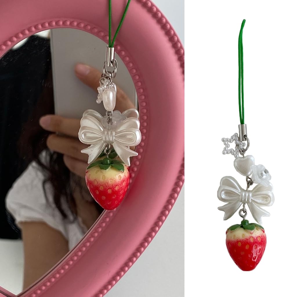 JSGHGDF Cute Strawberry Keychain Phone Charm Handmade Resin Material Bowknot Phone Strap Resin Material Gift for Women Girls