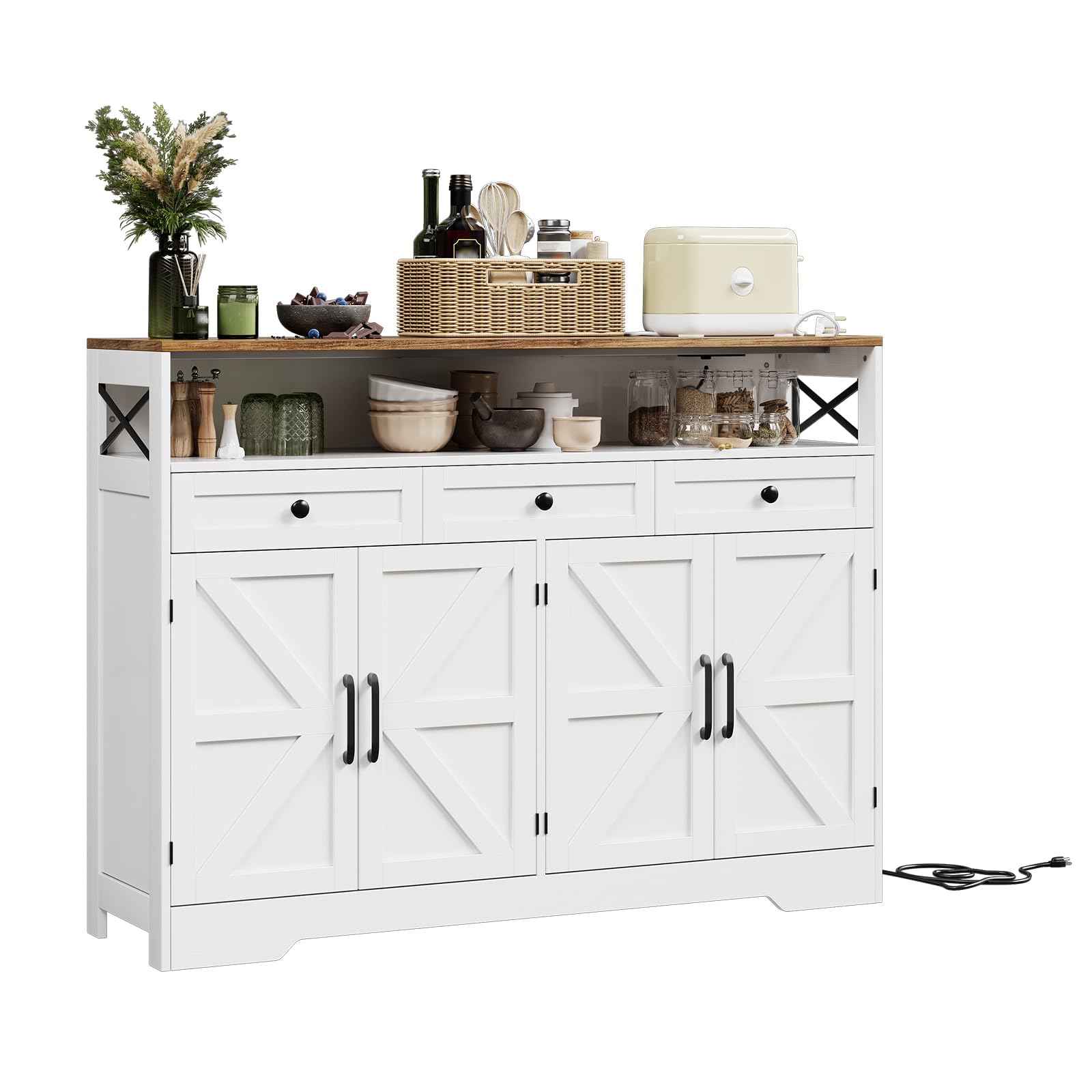 Photo 1 of *Chipped pieces* GarveeHome Farmhouse Buffet Cabinet with Storage, Open Shelf & Charging Station, 51" Kitchen Hutch Pantry Cabinet Sideboard Coffee Bar Station with 4 Barn Doors & 3 Drawers for Kitchen, Dining Room