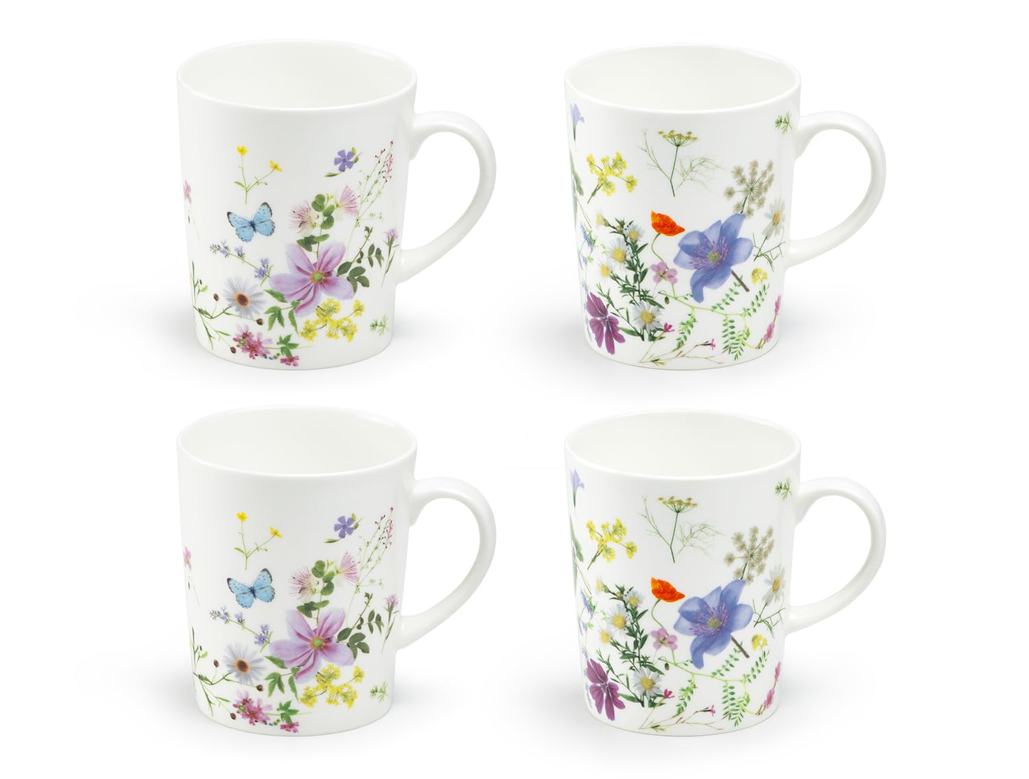 Gracie Bone China Wild Meadow Set of 4 Mugs, 12-Ounce