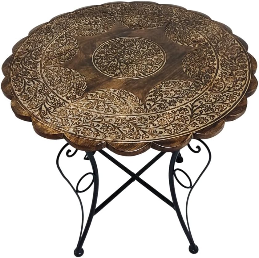 SODEF Balcony Garden Table Hand Carved Daisy Pattern Wood Wrought Iron Outdoor Patio Bistro Table 29.5 in Diameter Brown - Brown, One Size
