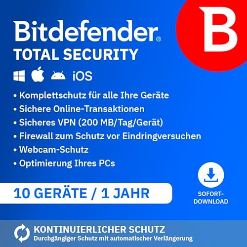 Bitdefender Total Security 2025 | 10 Geräte | 1 Jahr | PC/Mac/iOS/Android | Code zur Aktivierung per E-Mail | Automatische Verlängerung