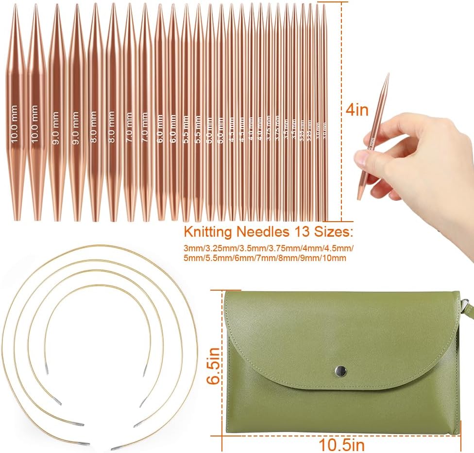 LucyPhy Metal Circular Knitting Needles Set, Rose Gold Smooth Interchangeable Knitting Needle Set Aluminum US Sizes 2.5/3/4/5/6/7/8/9/10/11/13/15 with Cables for Beginners and Experts