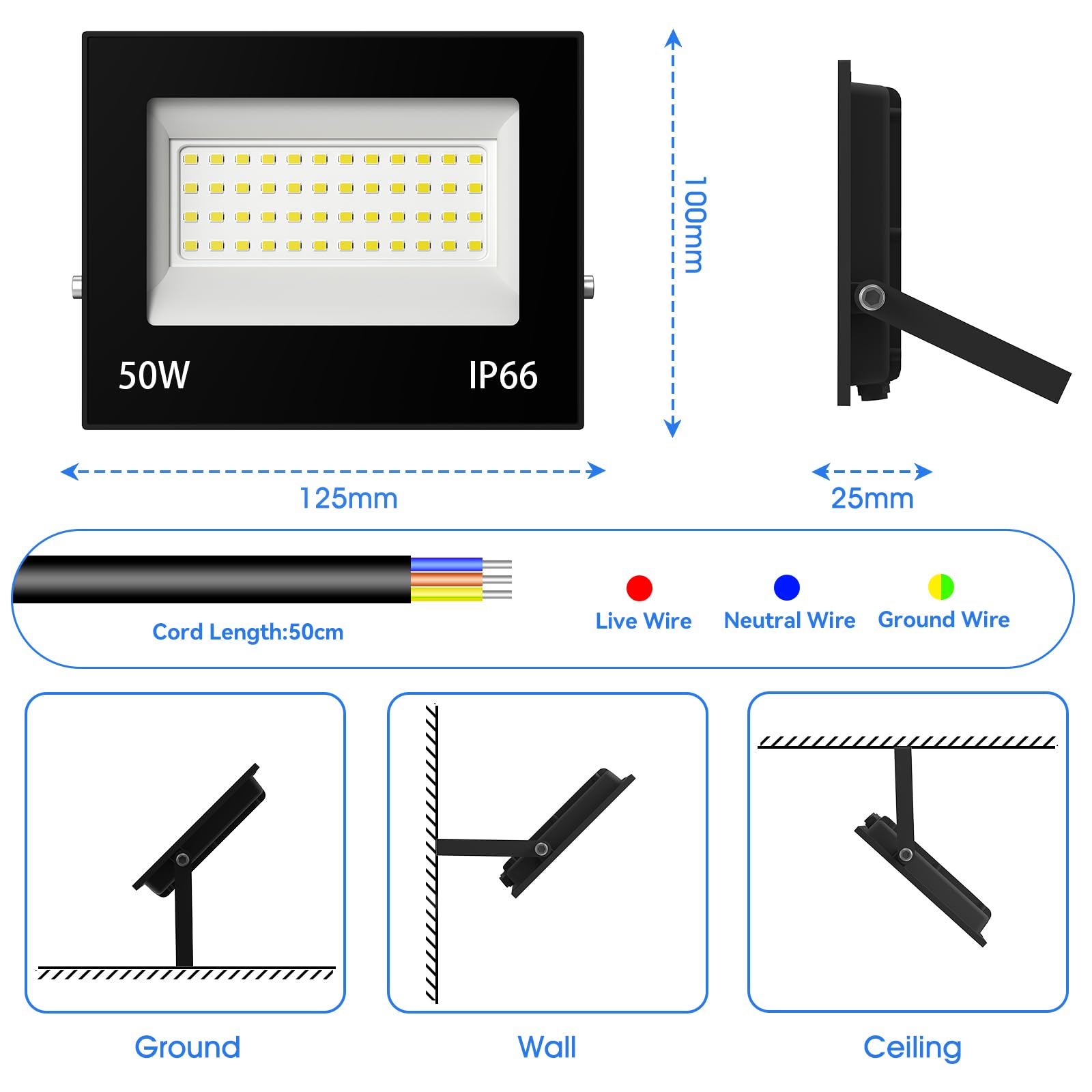 Probapro 50W LED Floodlight Outdoor - 5000LM Super Bright Security Light with 180° Adjustable Bracket & IP66 Waterproof Rating - Image 3