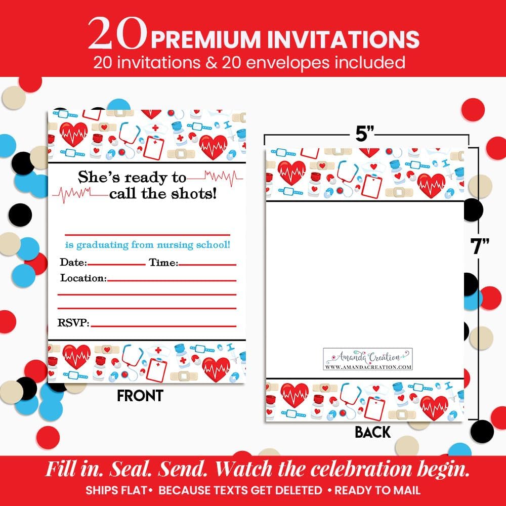 Nursing School Graduation Party Invitations, 20 5x7 Fill In Cards with Twenty White Envelopes by AmandaCreation