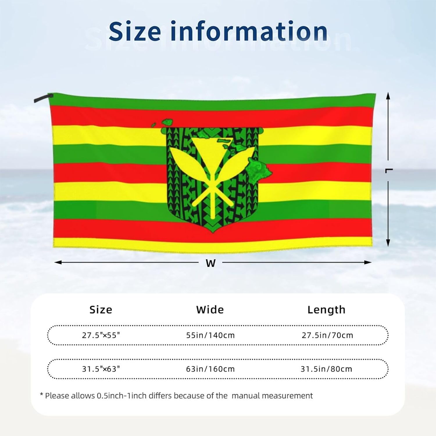 Kanaka Maoli Native Hawaiian Flag Beach Towel, Microfiber Beach Towels, Oversized, Quick Dry (31.5" X 63") Sand Proof, Absorbent, Compact, Beach Blanket, Lightweight Towel for The Swimming, Sports