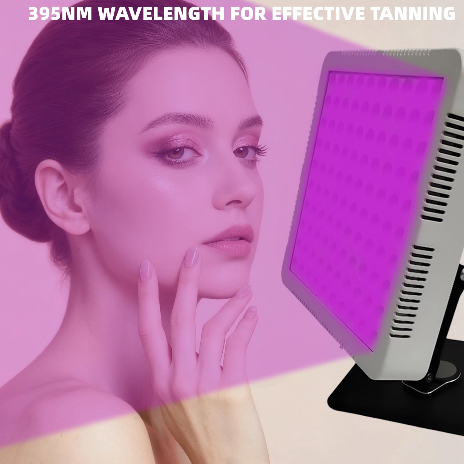 Lampe de bronzage 395 nm avec 100 LED violettes, solarium pour le visage pour une utilisation à la maison et tout le corps, avec minuterie, luminosité réglable, support et lunettes