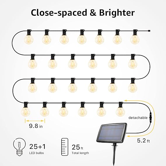 Lepro Solar Outdoor String Lights Patio Bistro Lights, 25ft 26 LED G40 Bulbs, USB Rechargeable Portable Edison Cafe String Lights for Porch, Pergola, Backyard, Garden, Pool, Party, Camping, 3600mAh