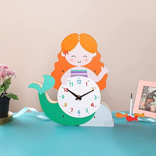 Miniatura 2 de WXFKLDJ Reloj de pared de sirena 3D para dormitorio de niños y niñas, lindo reloj silencioso sin tictac con péndulo, reloj de cuarzo de madera