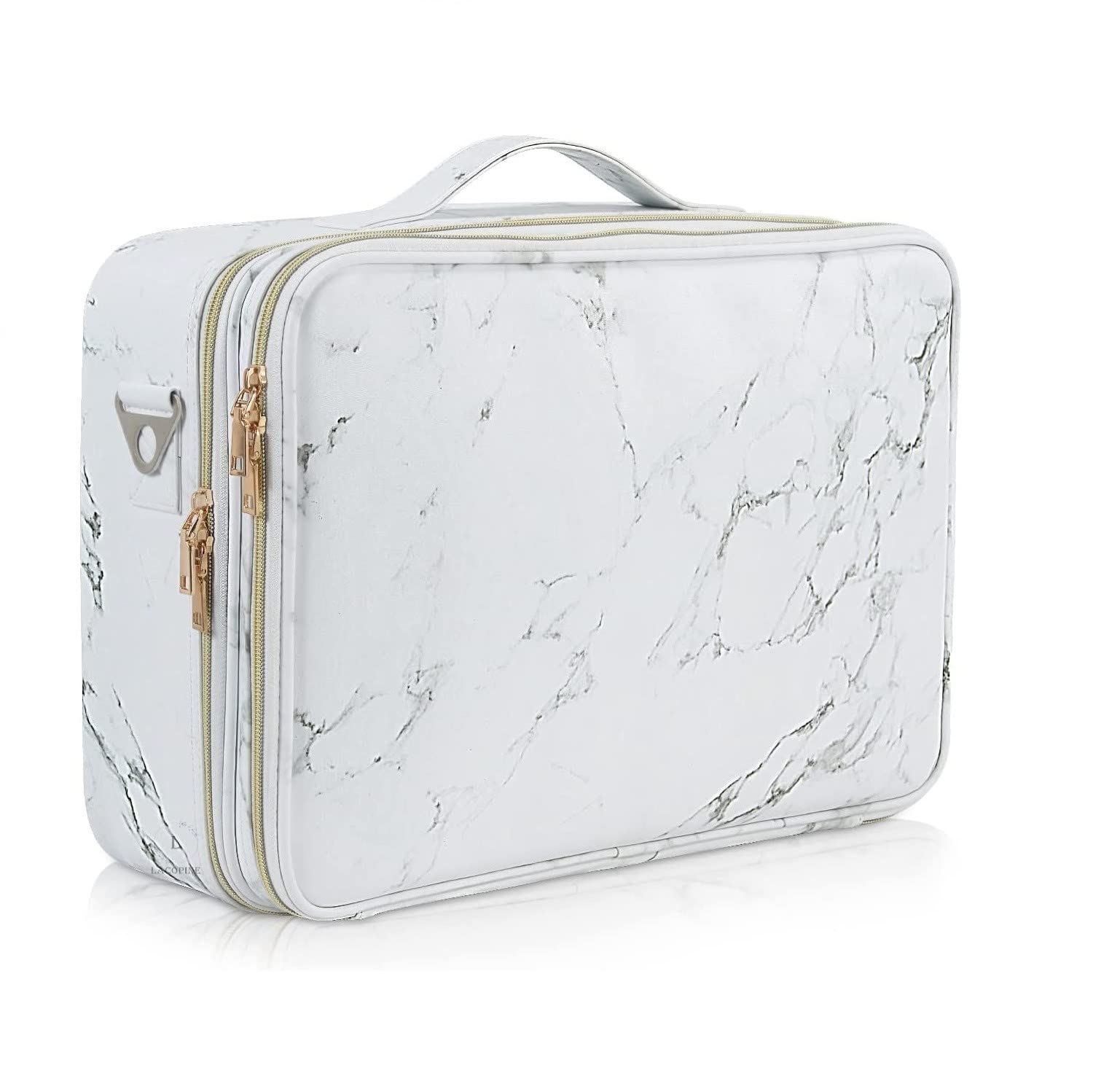 LACOPINE 28cms Large Nylon Makeup Organizer Bag Travel Train Case Portable Cosmetic Bag with Adjustable Dividers for Makeup Brushes (18 Inch (2 Layer)_Travel Makeup Case_White)-image-10