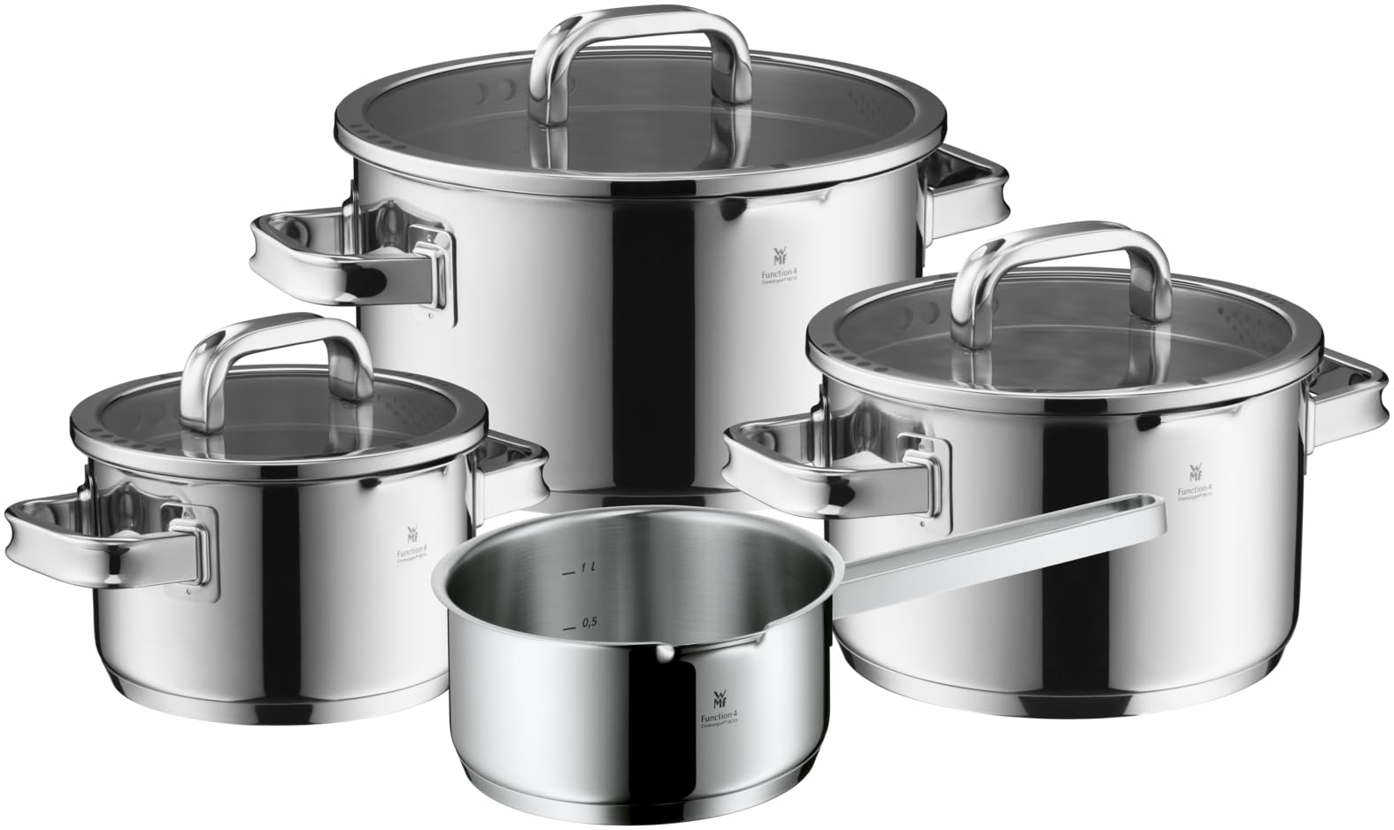 WMF Function 4 Advanced Topfset Induktion 4-teilig, Glasdeckel mit 4 Abgießfunktionen, Cromargan Edelstahl poliert, Induktionstöpfe, Innenskalierung, silber Topfset 4-teilig