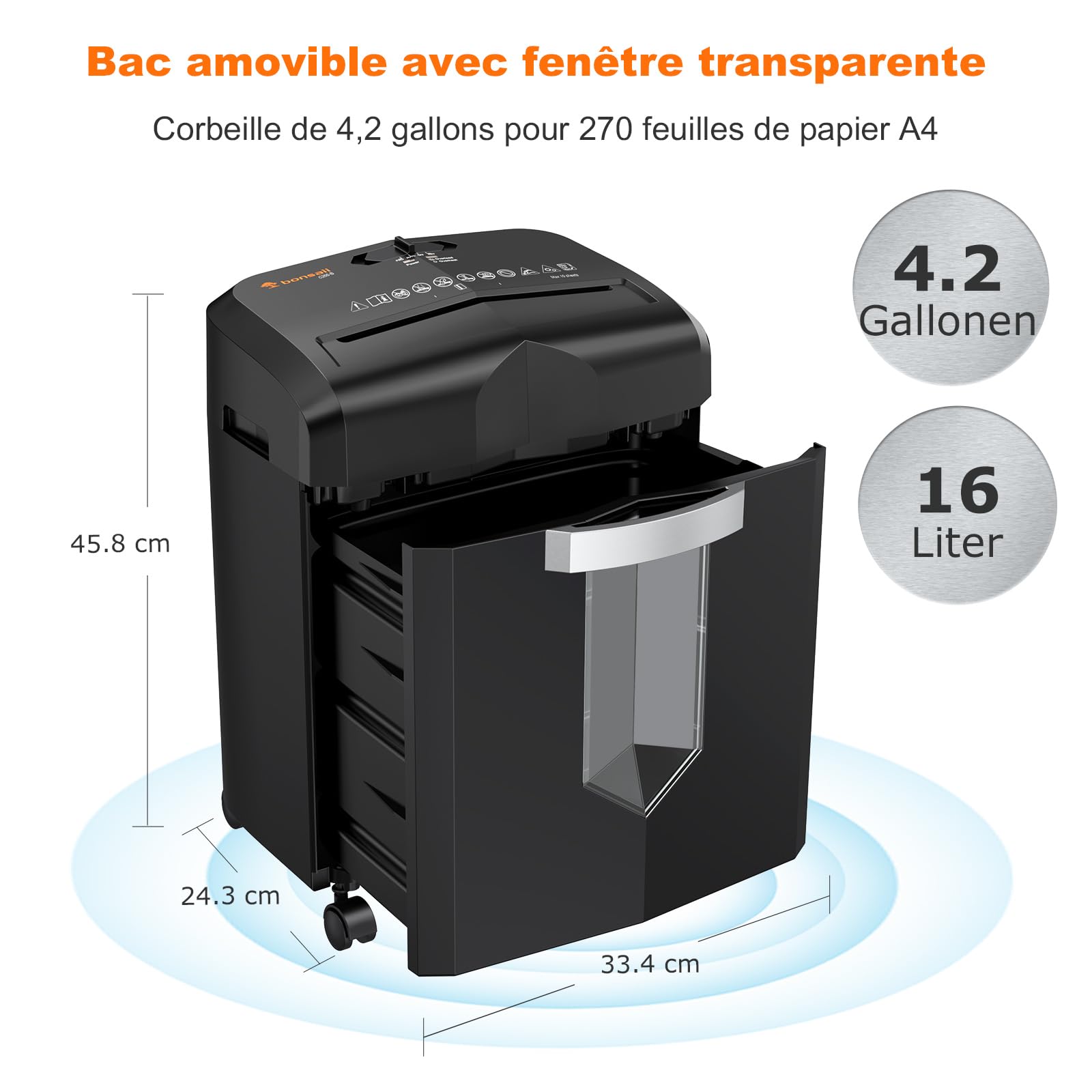 Bonsaii Destructeur de Documents 12 Feuilles Micro-Cut 60 Minutes 16 Litres C266-B