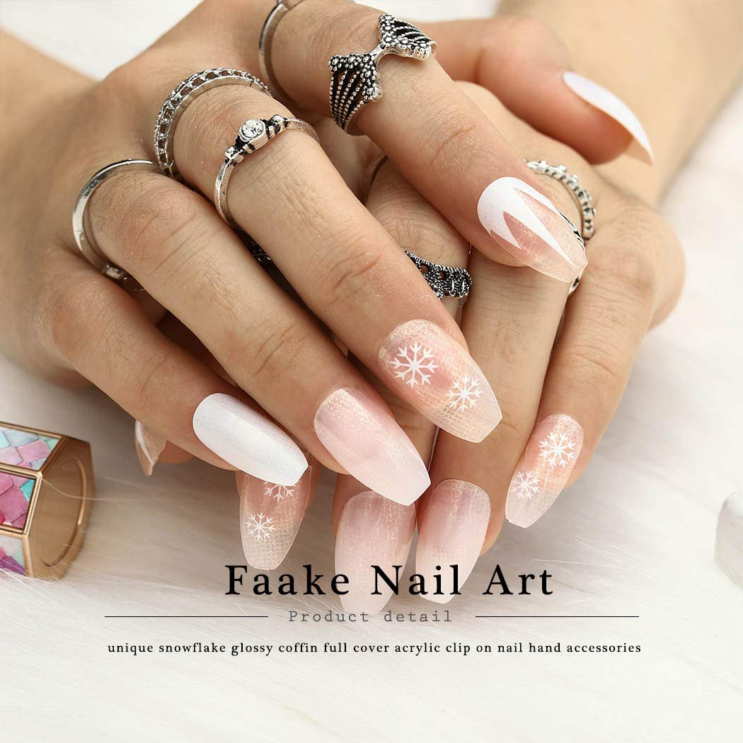 Amazon.com: Fdesigner Long Coffin Clilp on Nails White Snowflake Fake Nail  Tips Acrylic Ombre False Nail Tips Glossy Full Cover Festival Nail Art  Accessories for Women 24PCS : Beauty & Personal Care