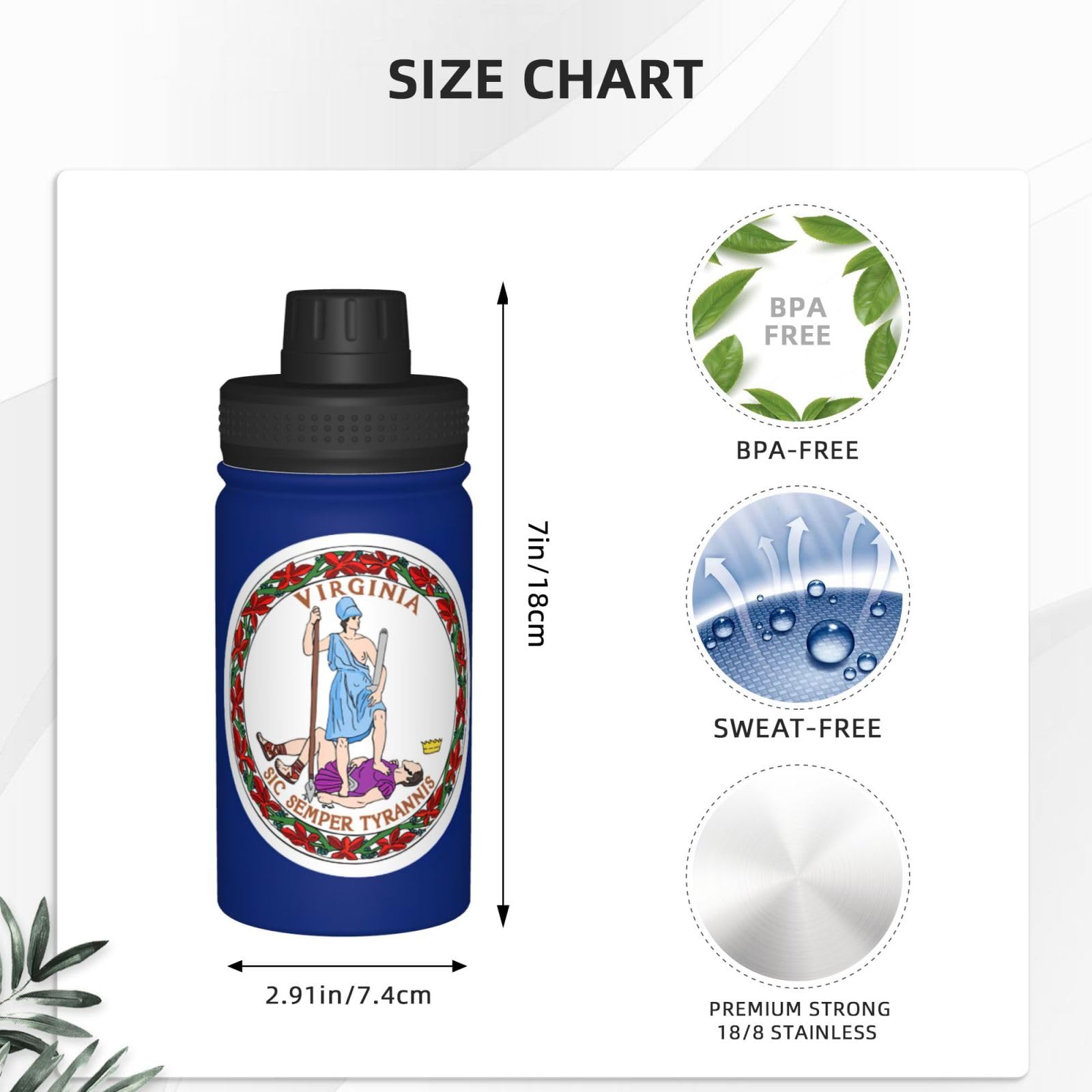 Bottiglia d'acqua spaziale con stampa bandiera della Virginia, 350 ml, in acciaio inox, borraccia termica per lo sport, per la scuola e le attività all'aperto