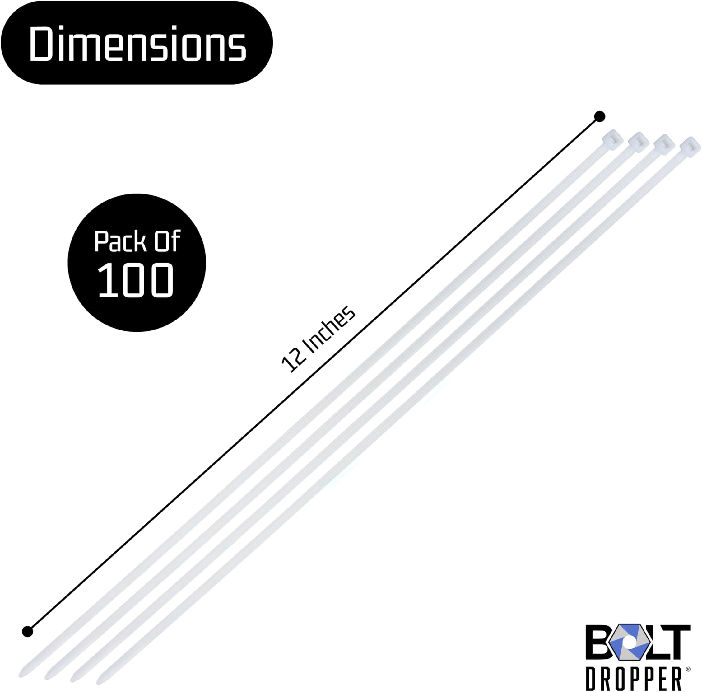Bolt Dropper 12" Inch Zip Ties White (100 Pack), 40lb Strength, Nylon Cable Wire Ties, By Bolt Dropper.