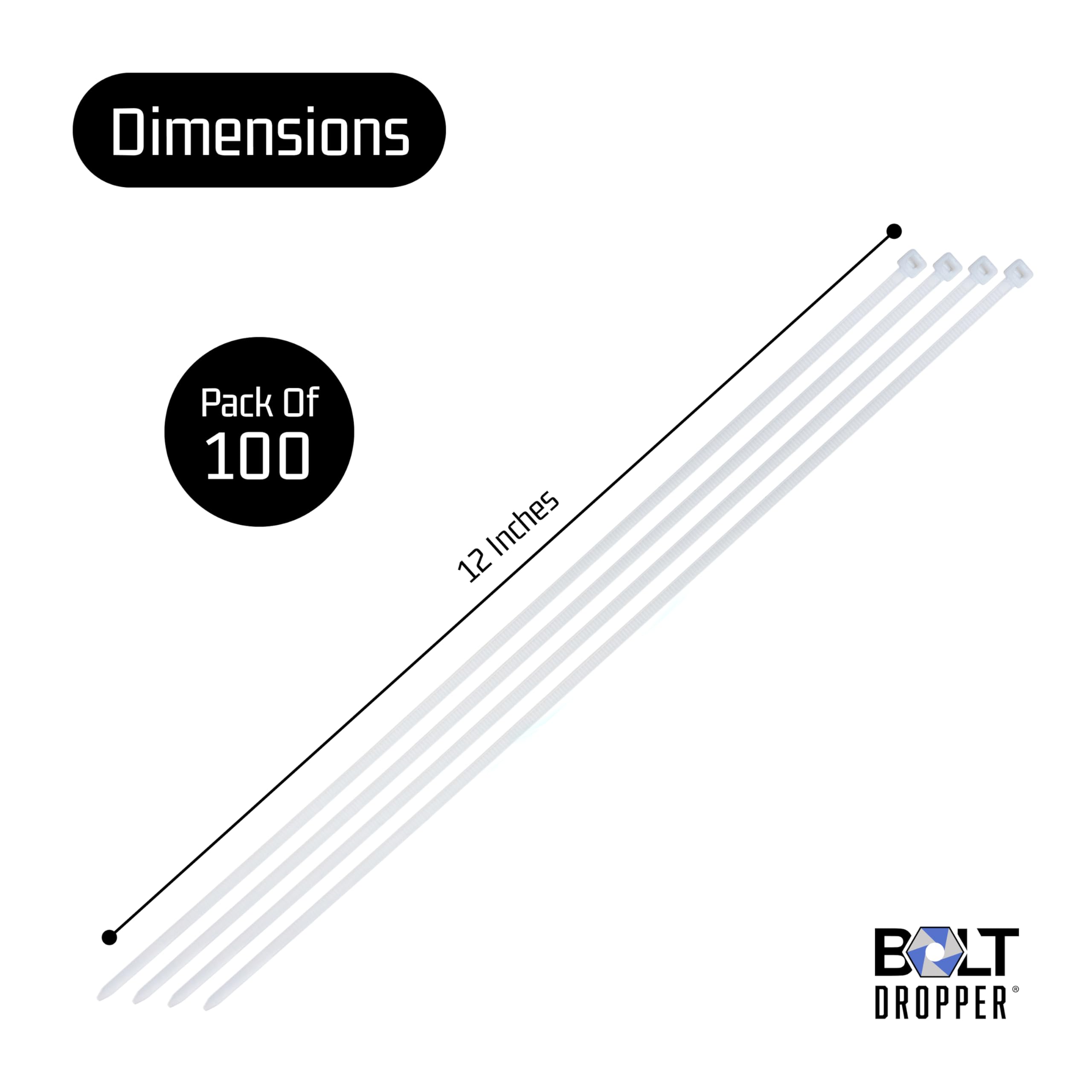 Bolt Dropper 12" Inch Zip Ties White (100 Pack), 40lb Strength, Nylon Cable Wire Ties, By Bolt Dropper.