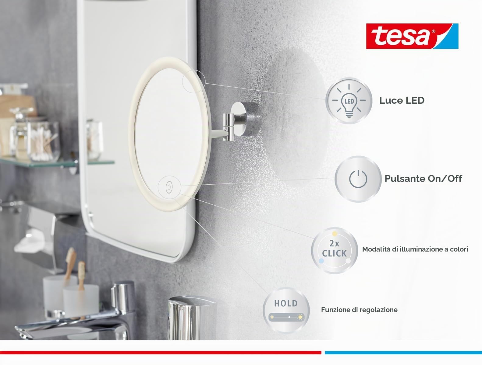 tesa VISIOON LED specchio da trucco con illuminazione dimmerabile - Touch Control, Ricaricabile, Ingrandimento 5x, Braccio Snodato - Montaggio Senza Foratura - 18 cm - cromato