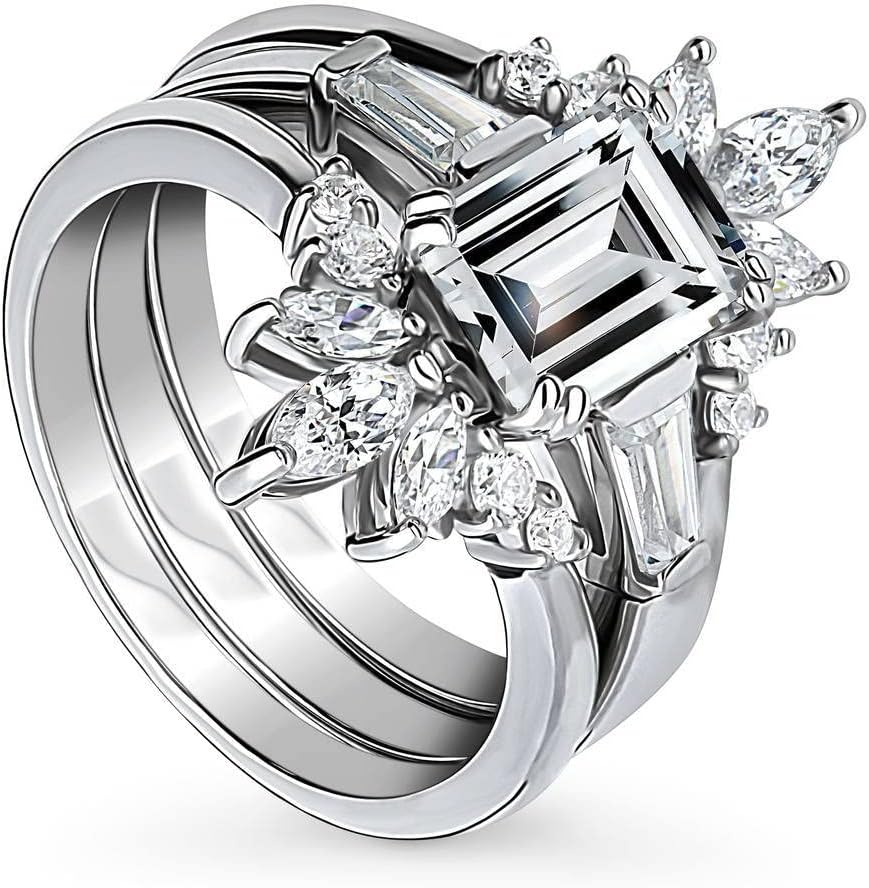 BERRICLE Sterling Silver 3-Stone Wedding Engagement Rings 2.1 Carat Emerald Cut Cubic Zirconia CZ Flower Ring Set for Women, Rhodium Plated